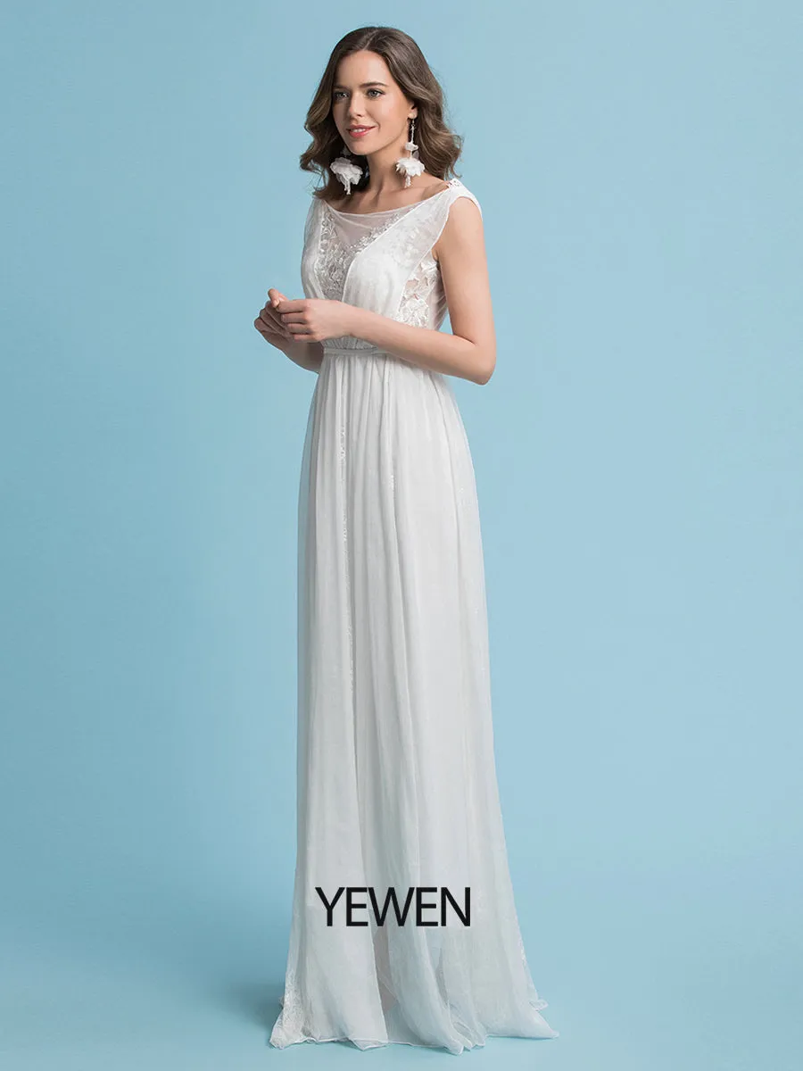 Lace Floral Chiffon Bohemian Wedding Dress Floor Length Bridal Gown with Sweep Train