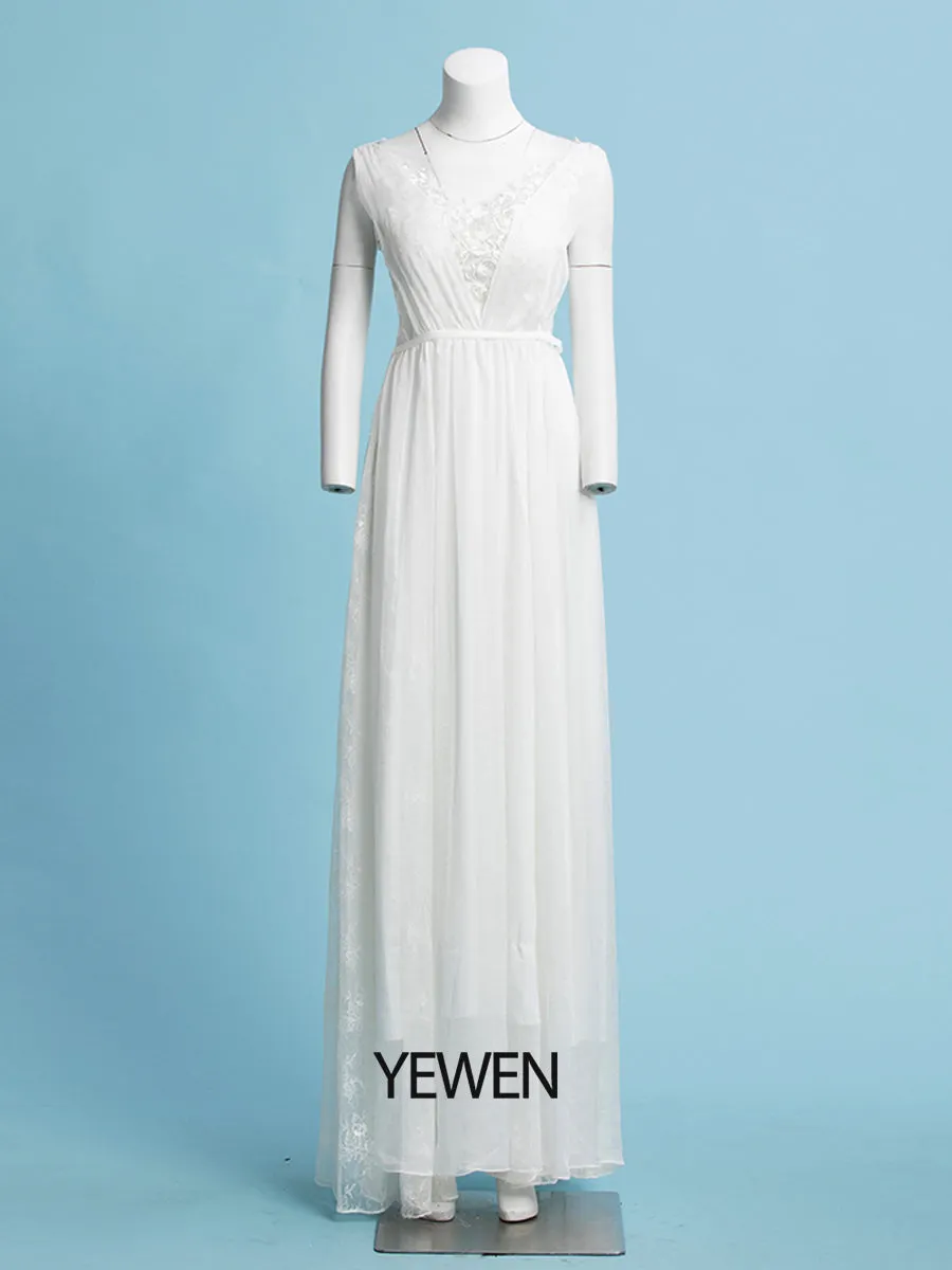 Lace Floral Chiffon Bohemian Wedding Dress Floor Length Bridal Gown with Sweep Train