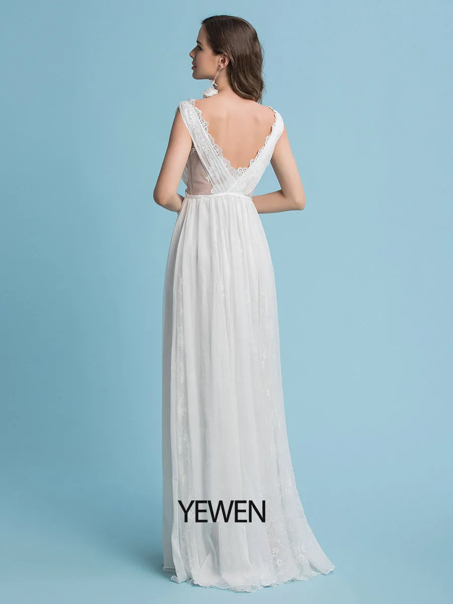 Lace Floral Chiffon Bohemian Wedding Dress Floor Length Bridal Gown with Sweep Train