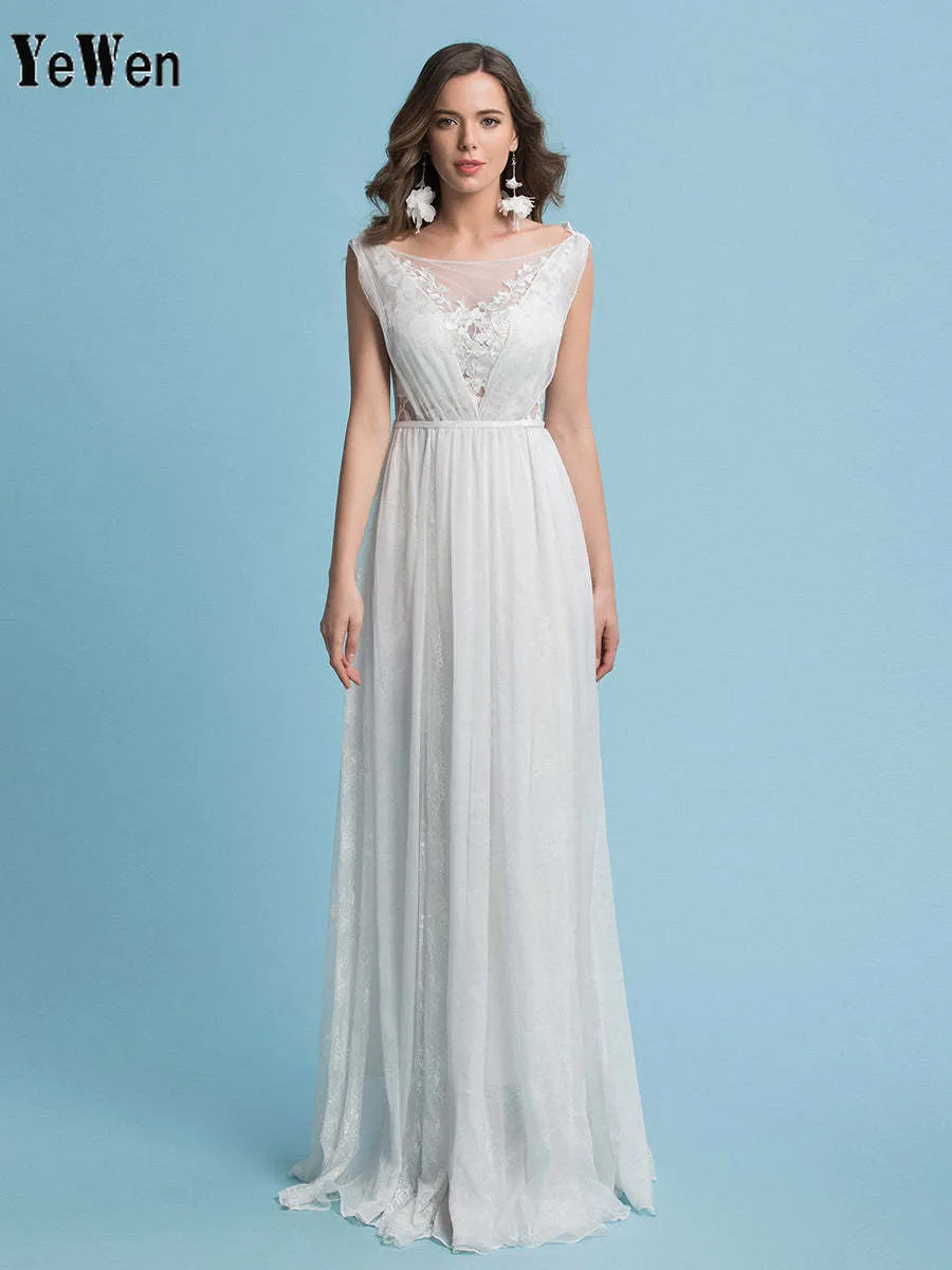 Lace Floral Chiffon Bohemian Wedding Dress Floor Length Bridal Gown with Sweep Train