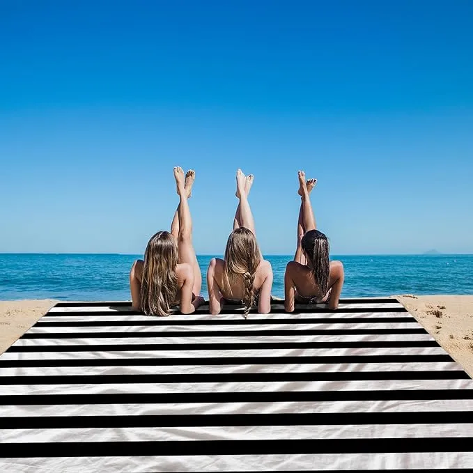 Large Beach Blanket, Black & White Stripe Beach Mat Sand Free Waterproof, Polyester Picnic Blankets Sandproof Stainproof Oversized 9 Ft X 10 Ft for 8 Adults, Beach Essentials Accessories