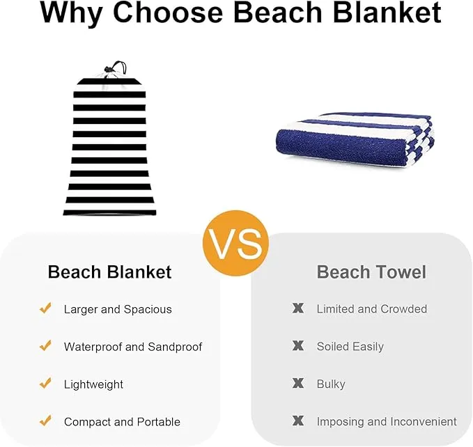 Large Beach Blanket, Black & White Stripe Beach Mat Sand Free Waterproof, Polyester Picnic Blankets Sandproof Stainproof Oversized 9 Ft X 10 Ft for 8 Adults, Beach Essentials Accessories
