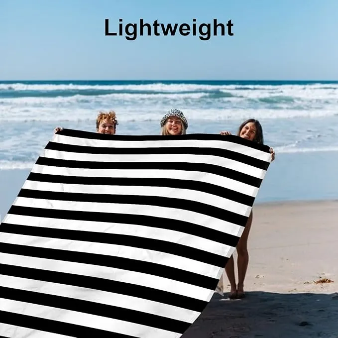 Large Beach Blanket, Black & White Stripe Beach Mat Sand Free Waterproof, Polyester Picnic Blankets Sandproof Stainproof Oversized 9 Ft X 10 Ft for 8 Adults, Beach Essentials Accessories