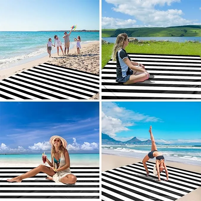 Large Beach Blanket, Black & White Stripe Beach Mat Sand Free Waterproof, Polyester Picnic Blankets Sandproof Stainproof Oversized 9 Ft X 10 Ft for 8 Adults, Beach Essentials Accessories