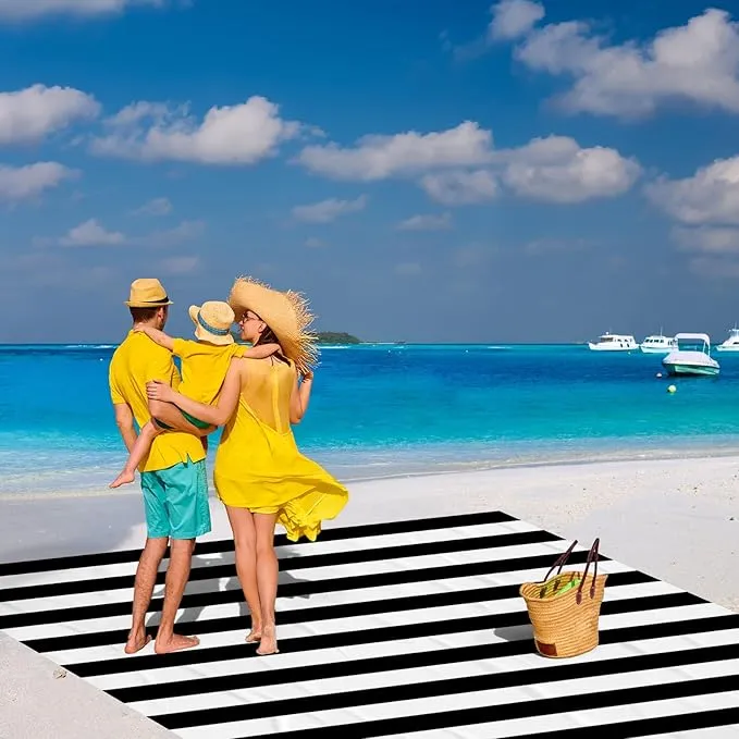 Large Beach Blanket, Black & White Stripe Beach Mat Sand Free Waterproof, Polyester Picnic Blankets Sandproof Stainproof Oversized 9 Ft X 10 Ft for 8 Adults, Beach Essentials Accessories