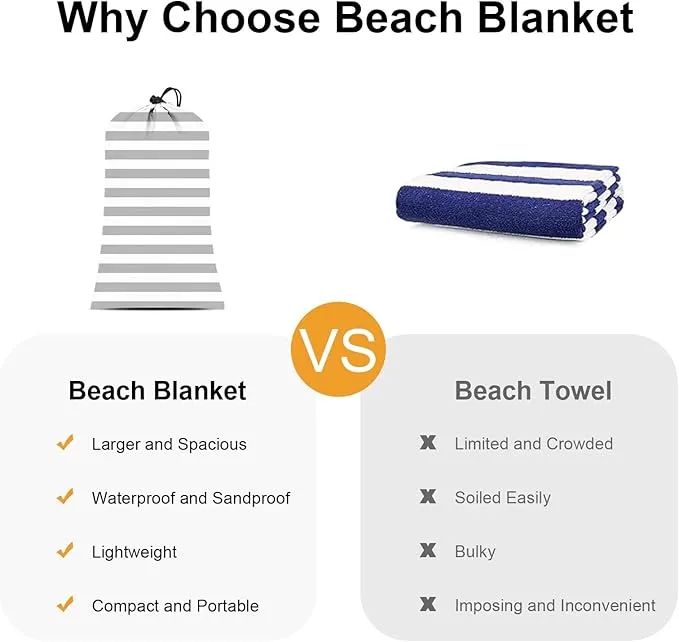 Large Beach Blanket Sandproof Waterproof, Grey Stripe Compact Beach Mat Sand Free, Portable Lightweight Picnic Mat w/Stakes & Corner Pockets for Outdoor, Travel, Camping, Hiking
