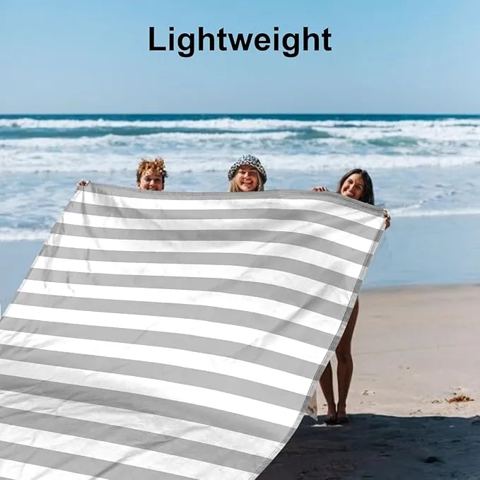 Large Beach Blanket Sandproof Waterproof, Grey Stripe Compact Beach Mat Sand Free, Portable Lightweight Picnic Mat w/Stakes & Corner Pockets for Outdoor, Travel, Camping, Hiking