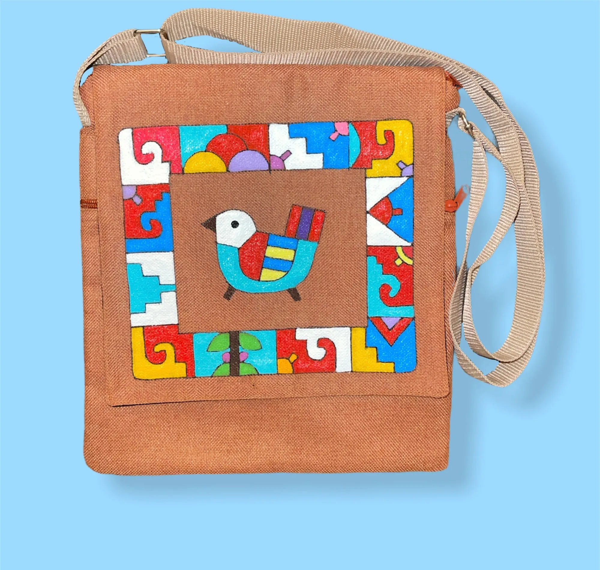 LARGE Crossbody with Flap and Zipper- Cartera bandolera de Yute Pintada y hecha a mano