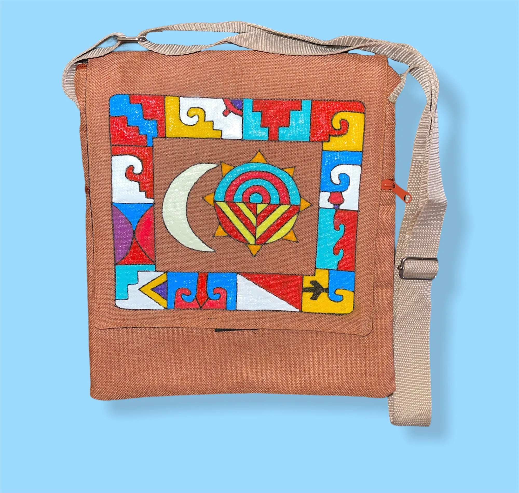 LARGE Crossbody with Flap and Zipper- Cartera bandolera de Yute Pintada y hecha a mano