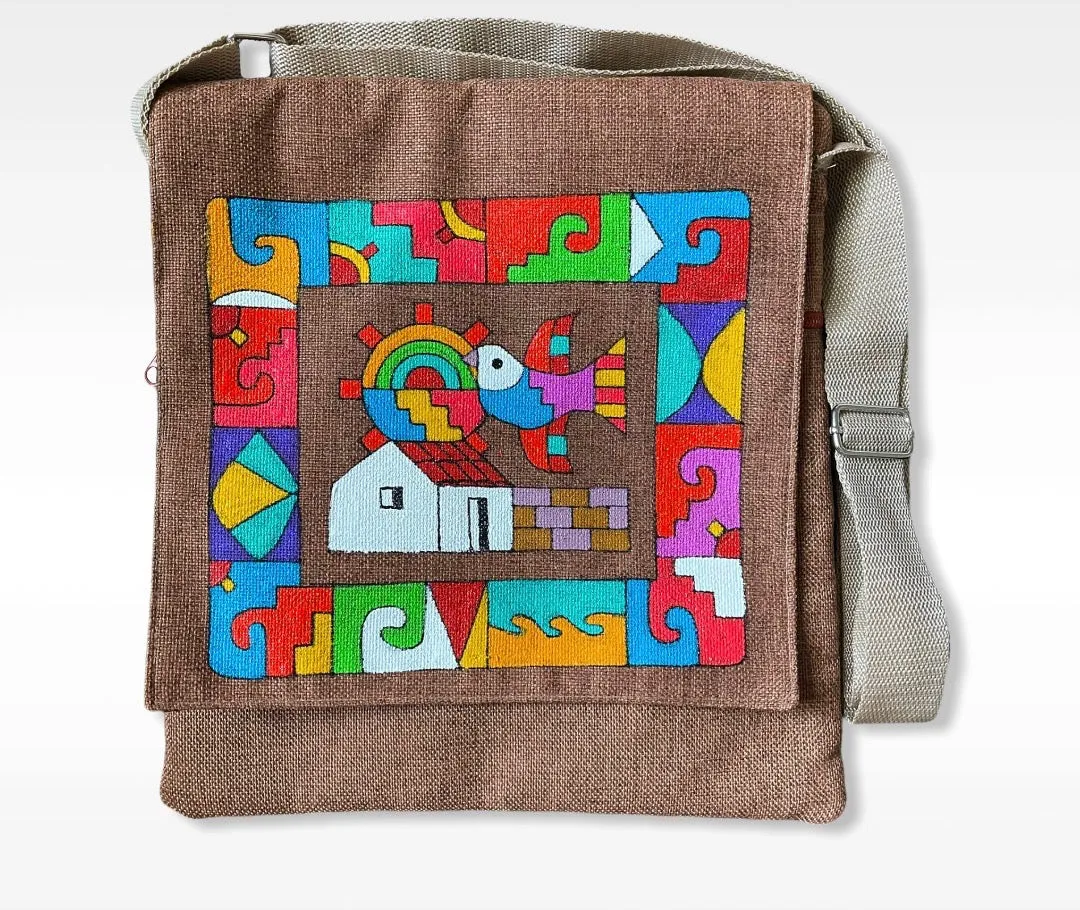 LARGE Crossbody with Flap and Zipper- Cartera bandolera de Yute Pintada y hecha a mano