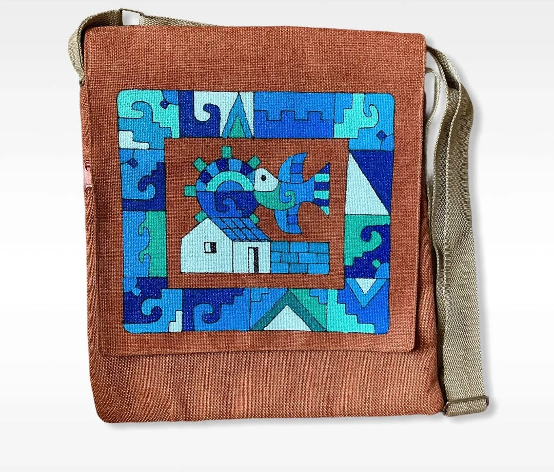 LARGE Crossbody with Flap and Zipper- Cartera bandolera de Yute Pintada y hecha a mano