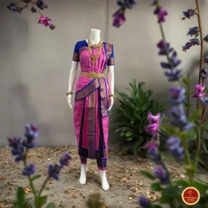 LAVENDER BLUE 40 inchs Pant Length Kuchipudi Indian Copper Zari Dance Costume | Art silk Dharmavaram Kanchi | Classical Dance Jewelry