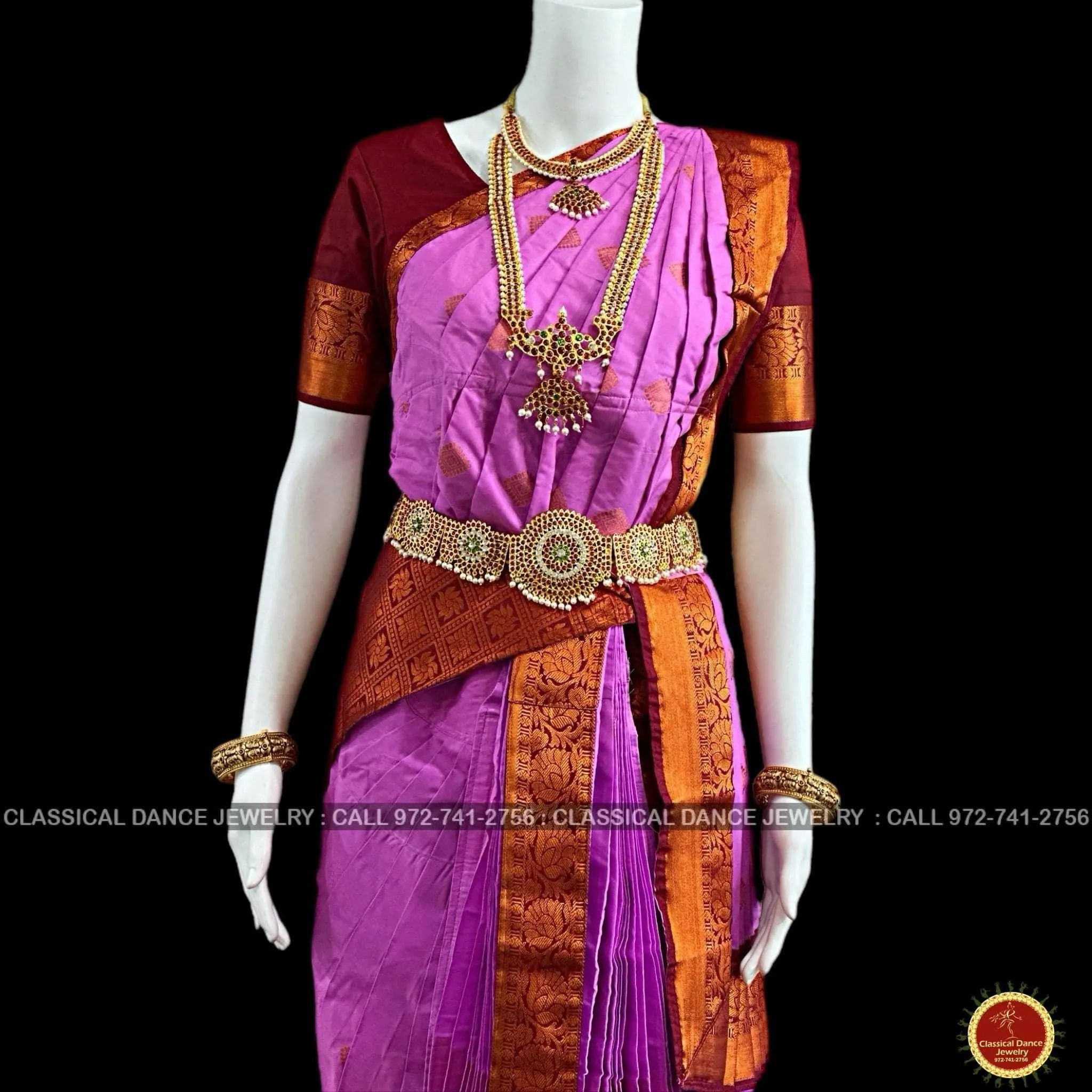 LAVENDER PINK BROWN 40 inchs Pant Length Kuchipudi Indian Copper Zari Dance Costume | Art silk Dharmavaram Kanchi | Classical Dance Jewelry