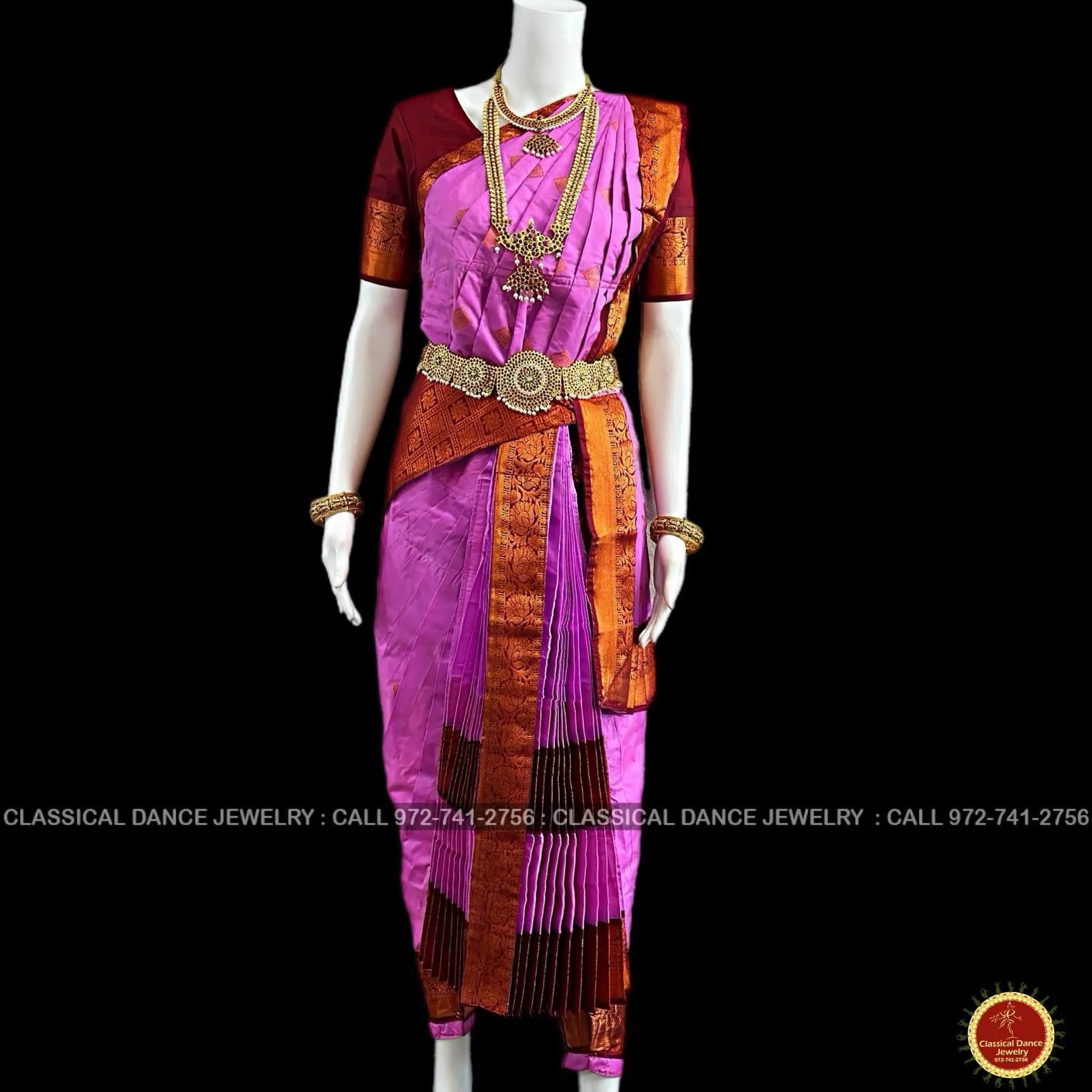 LAVENDER PINK BROWN 40 inchs Pant Length Kuchipudi Indian Copper Zari Dance Costume | Art silk Dharmavaram Kanchi | Classical Dance Jewelry