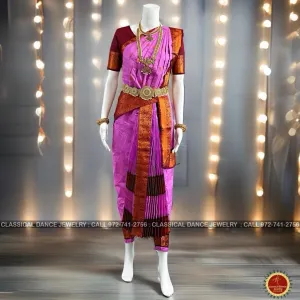 LAVENDER PINK BROWN 40 inchs Pant Length Kuchipudi Indian Copper Zari Dance Costume | Art silk Dharmavaram Kanchi | Classical Dance Jewelry