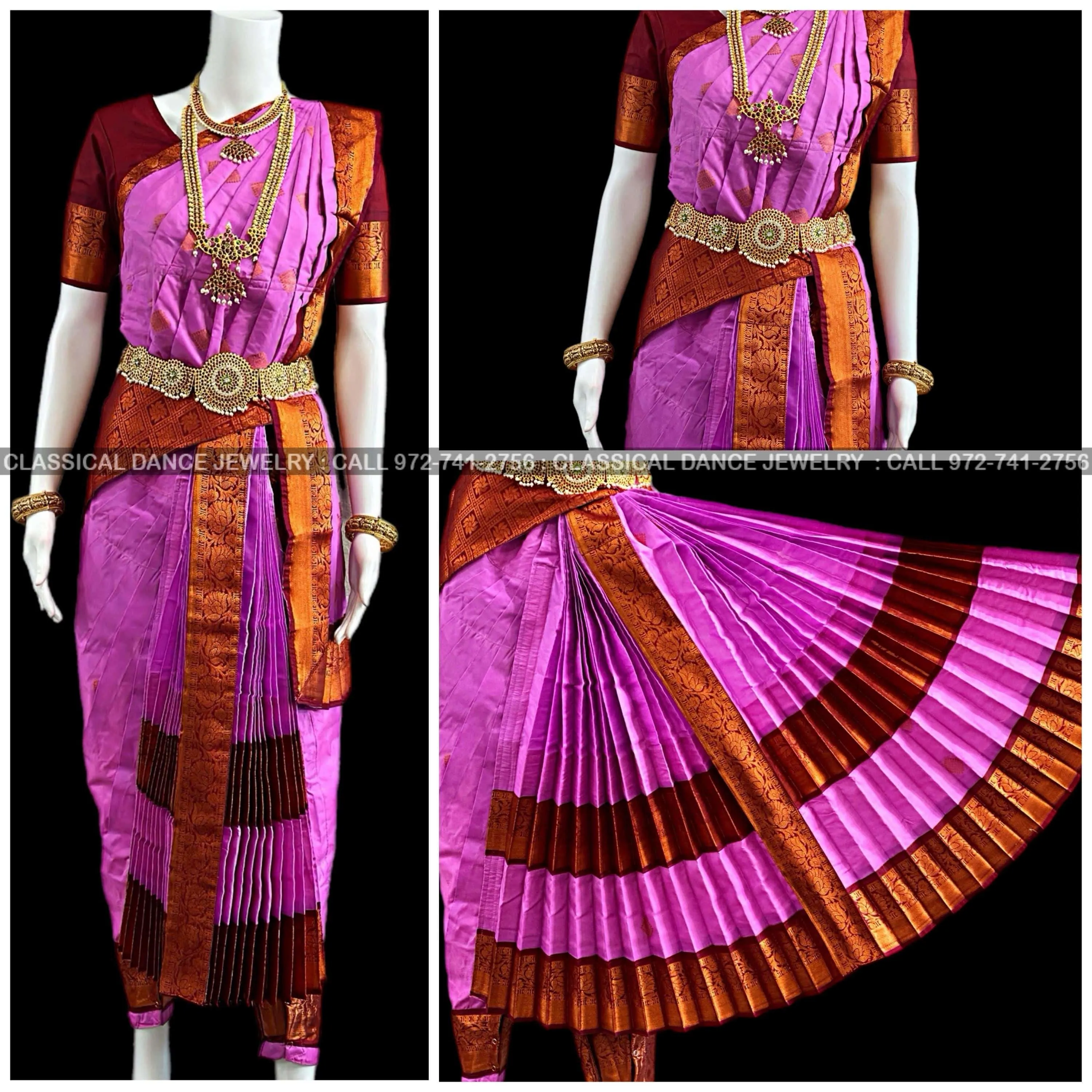 LAVENDER PINK BROWN 40 inchs Pant Length Kuchipudi Indian Copper Zari Dance Costume | Art silk Dharmavaram Kanchi | Classical Dance Jewelry