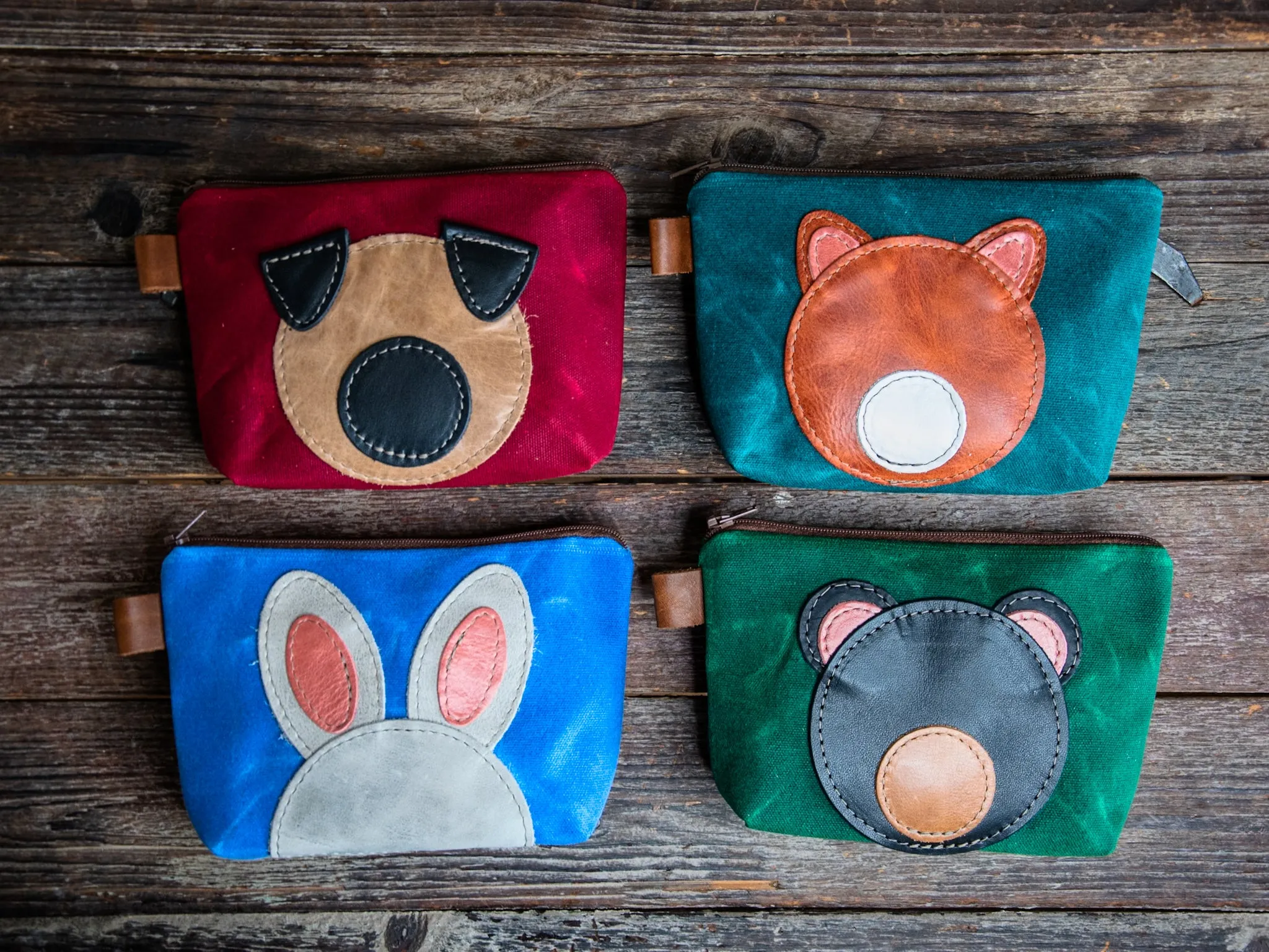 Leather Applique | Handmade Waxed Canvas Zipper Pouch | BUNNY | Critter Collection