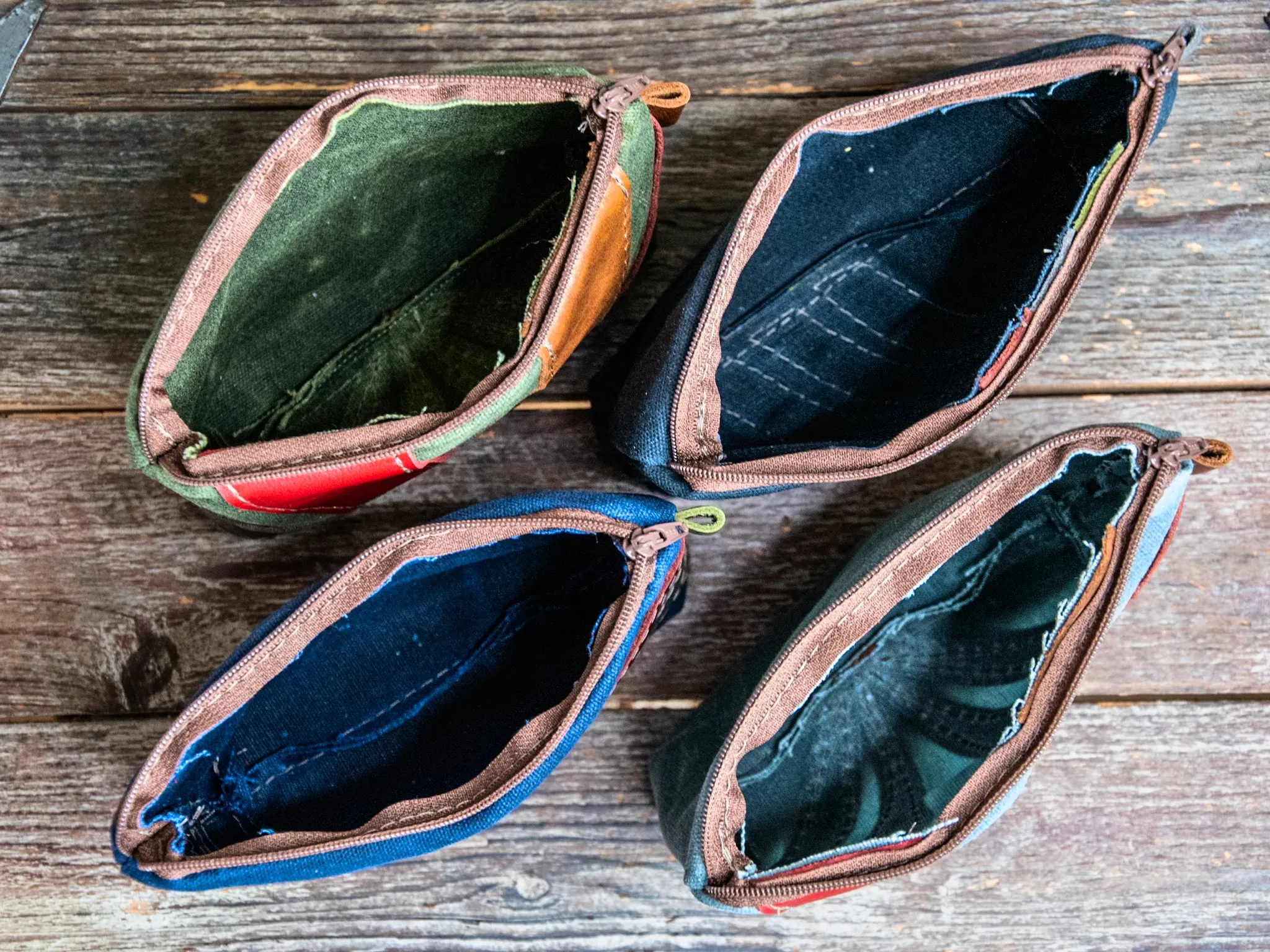 Leather Applique | Handmade Waxed Canvas Zipper Pouch | DIAGONAL STRIPES