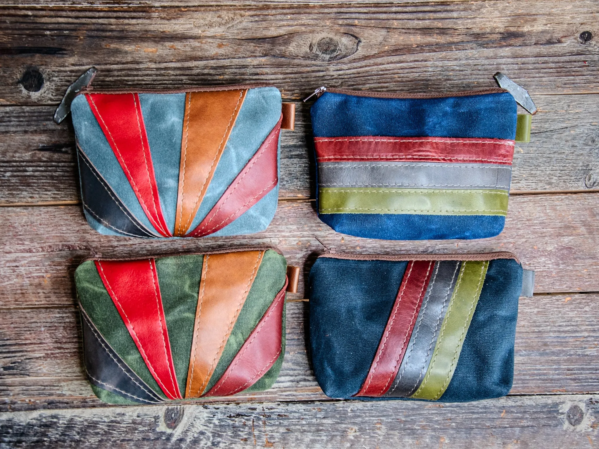 Leather Applique | Handmade Waxed Canvas Zipper Pouch | DIAGONAL STRIPES
