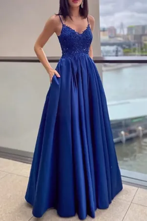 Long Prom Dress A-Line Straps V Neck Sleeveless Royal Blue Lace Satin, Pleats