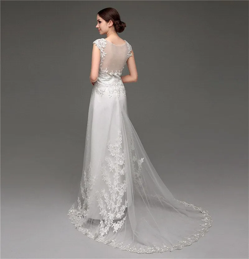 lovely Cap Sleeves Lace Appliques And Pearls Luxury Wedding Gown Free Shipping