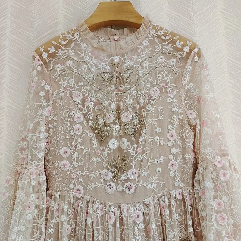 Luxury Beading Sequined Mesh Flower Embroidery Dresses