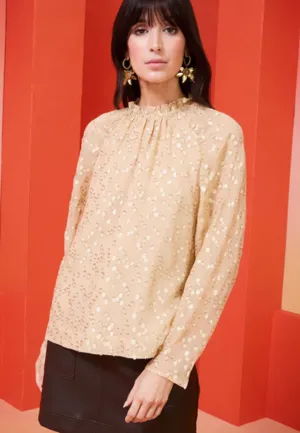 Marie Oliver - Layla Silk/Metallic High Neck Blouse - Taupe