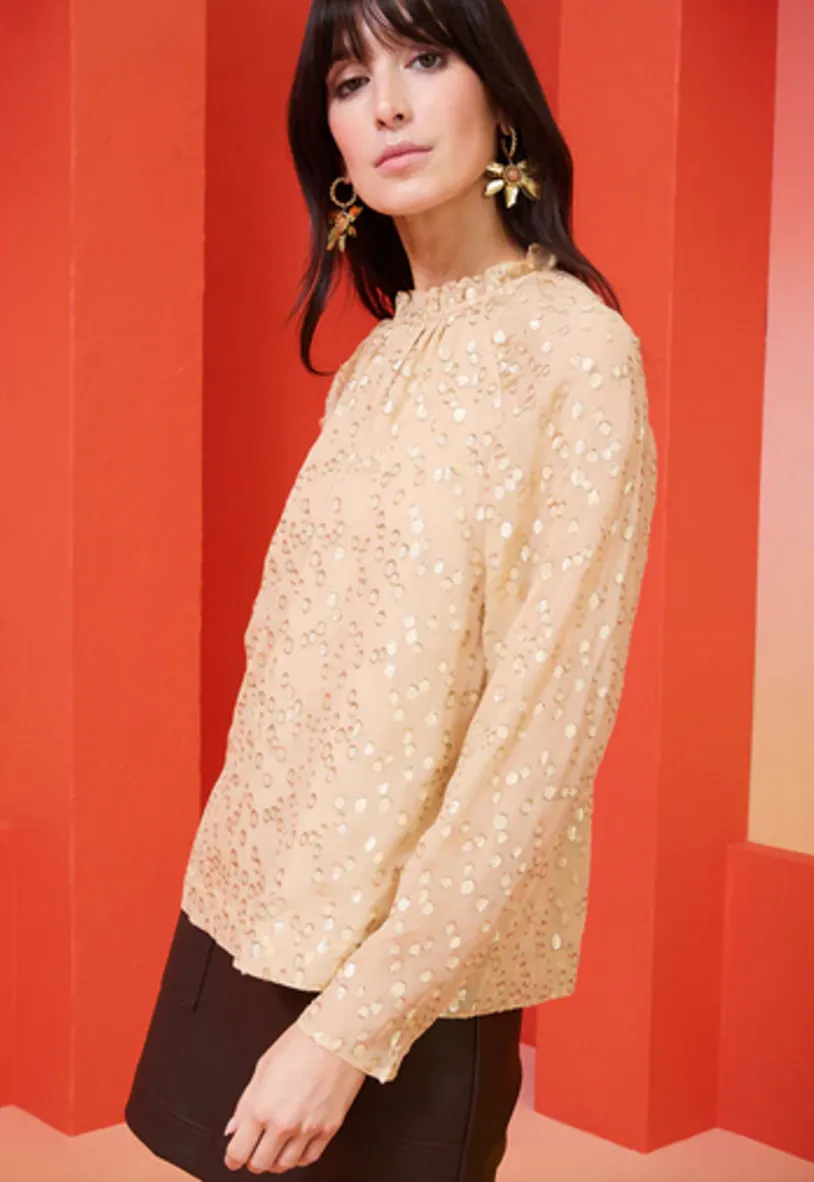 Marie Oliver - Layla Silk/Metallic High Neck Blouse - Taupe