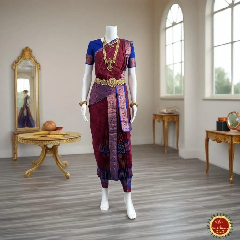 MAROON BLUE 38 Inch Pant length Kuchipudi Copper Zari Indian Dance Costume | Art Silk Dharmavaram Kanchi | Classical Dance Jewelry