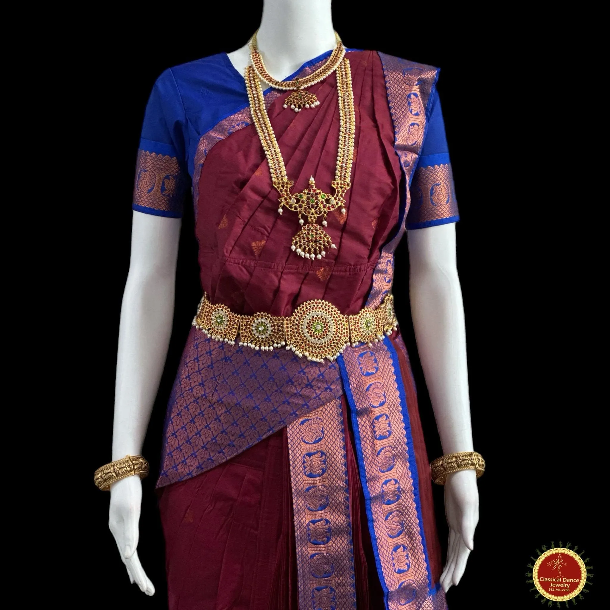 MAROON BLUE 38 Inch Pant length Kuchipudi Copper Zari Indian Dance Costume | Art Silk Dharmavaram Kanchi | Classical Dance Jewelry