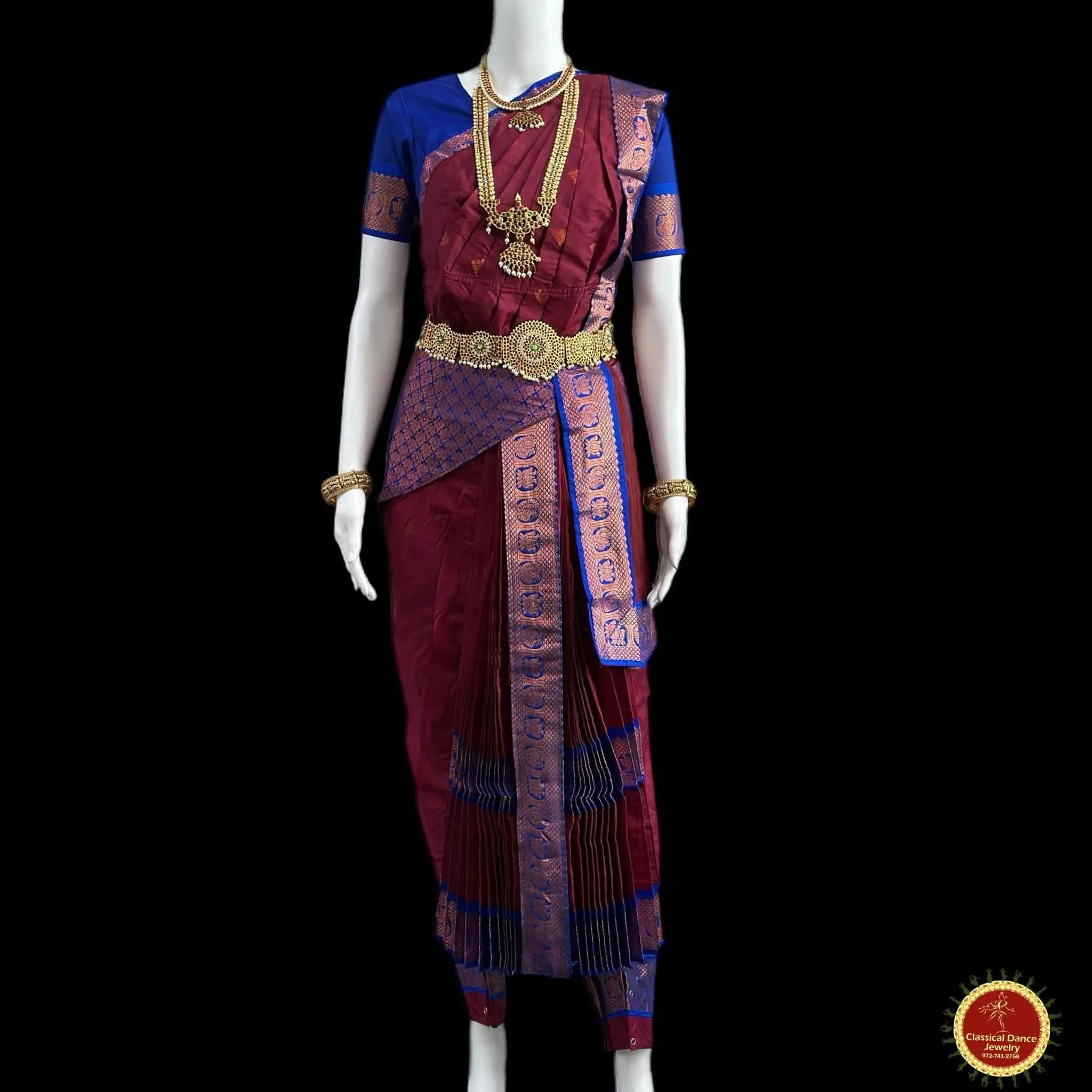 MAROON BLUE 38 Inch Pant length Kuchipudi Copper Zari Indian Dance Costume | Art Silk Dharmavaram Kanchi | Classical Dance Jewelry