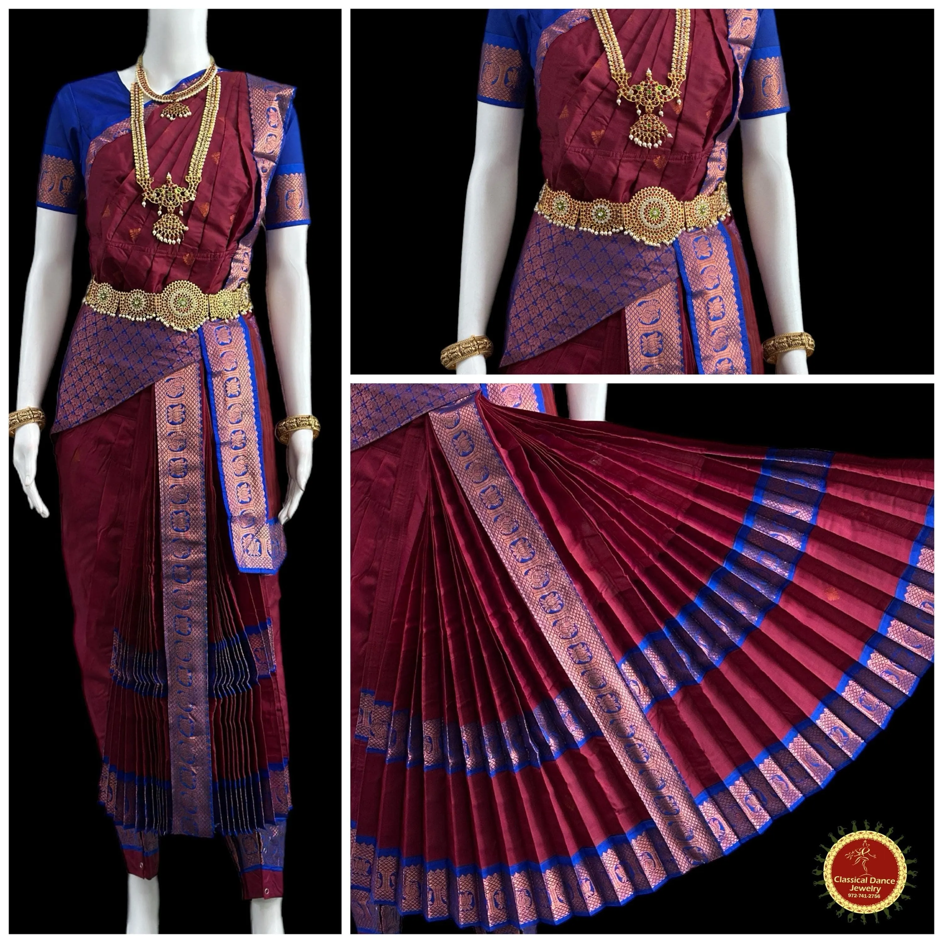MAROON BLUE 38 Inch Pant length Kuchipudi Copper Zari Indian Dance Costume | Art Silk Dharmavaram Kanchi | Classical Dance Jewelry