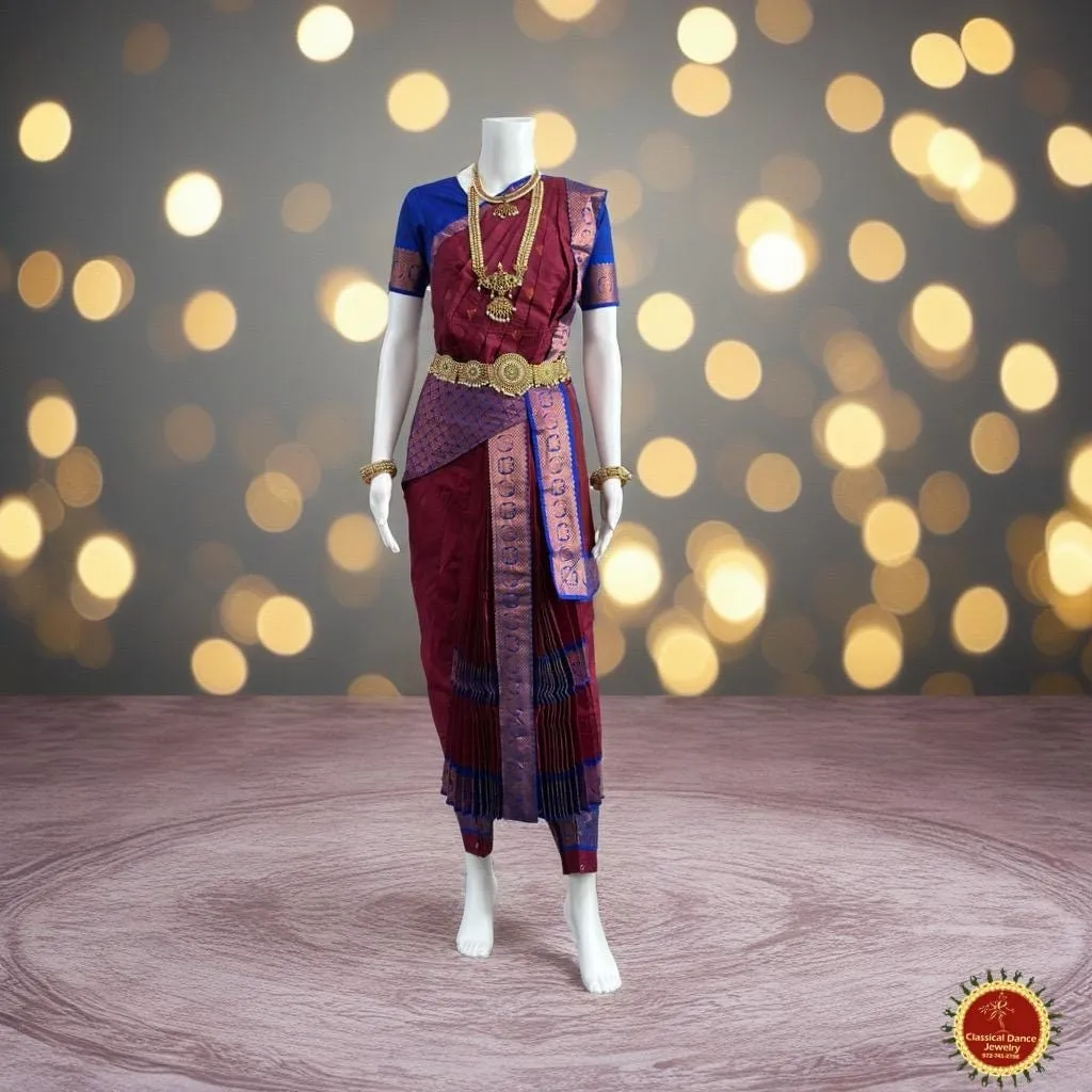MAROON BLUE 38 Inch Pant length Kuchipudi Copper Zari Indian Dance Costume | Art Silk Dharmavaram Kanchi | Classical Dance Jewelry