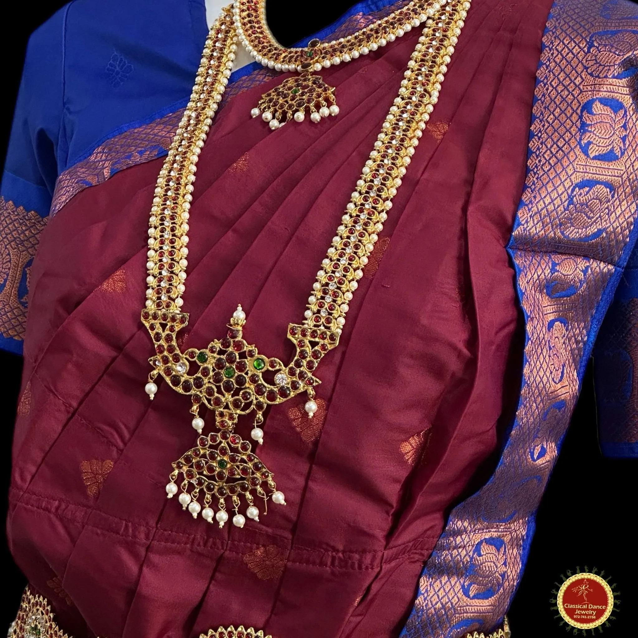 MAROON BLUE 38 Inch Pant length Kuchipudi Copper Zari Indian Dance Costume | Art Silk Dharmavaram Kanchi | Classical Dance Jewelry