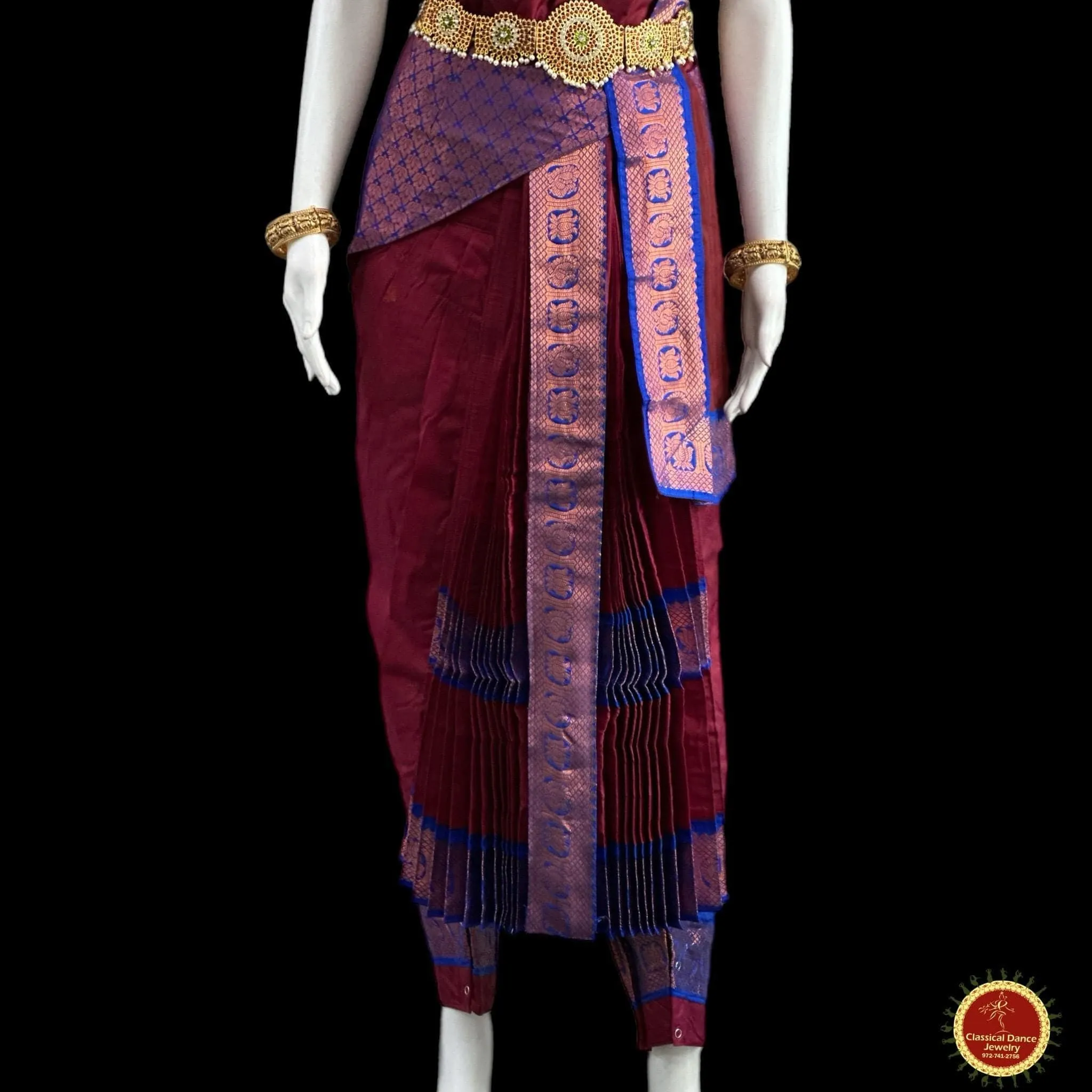MAROON BLUE 38 Inch Pant length Kuchipudi Copper Zari Indian Dance Costume | Art Silk Dharmavaram Kanchi | Classical Dance Jewelry