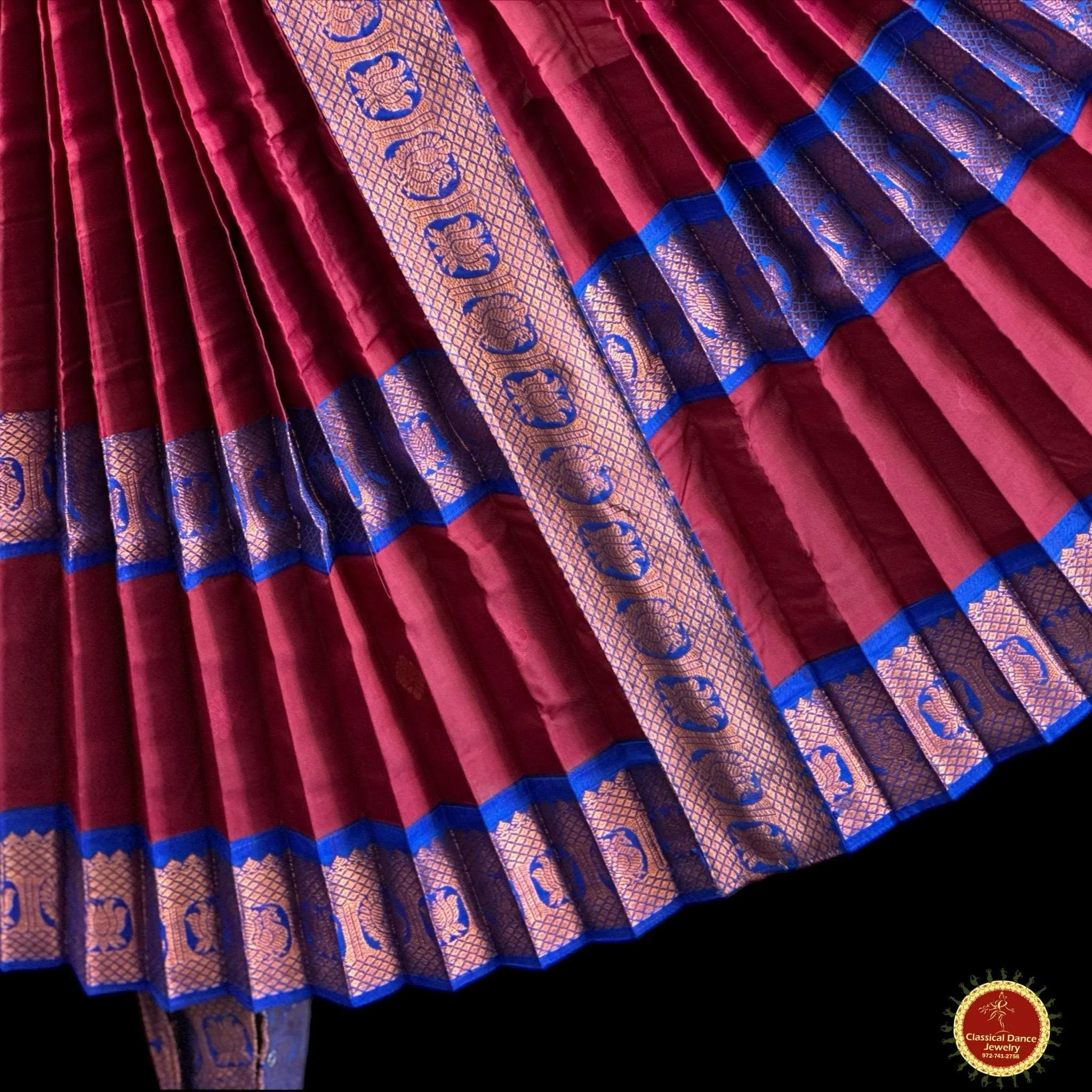 MAROON BLUE 38 Inch Pant length Kuchipudi Copper Zari Indian Dance Costume | Art Silk Dharmavaram Kanchi | Classical Dance Jewelry