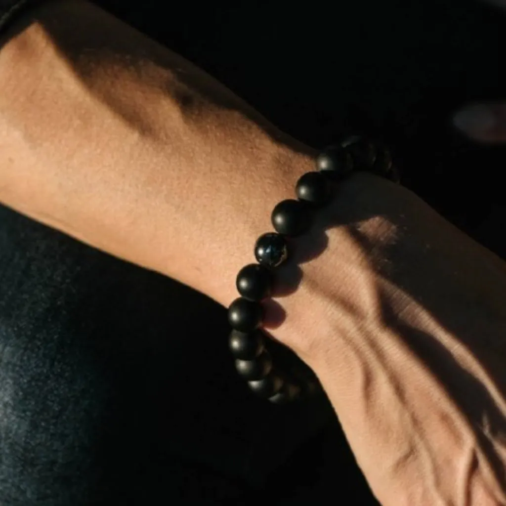 Matte Onyx 10mm Stone Beaded Bracelet with Hematite Accent Bead