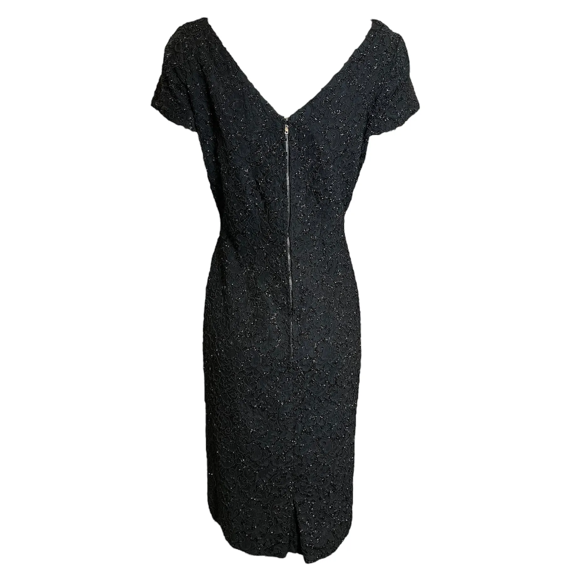 Mingolini Guggenheim Late 50s Early 60s Black Beaded Dress on Lace