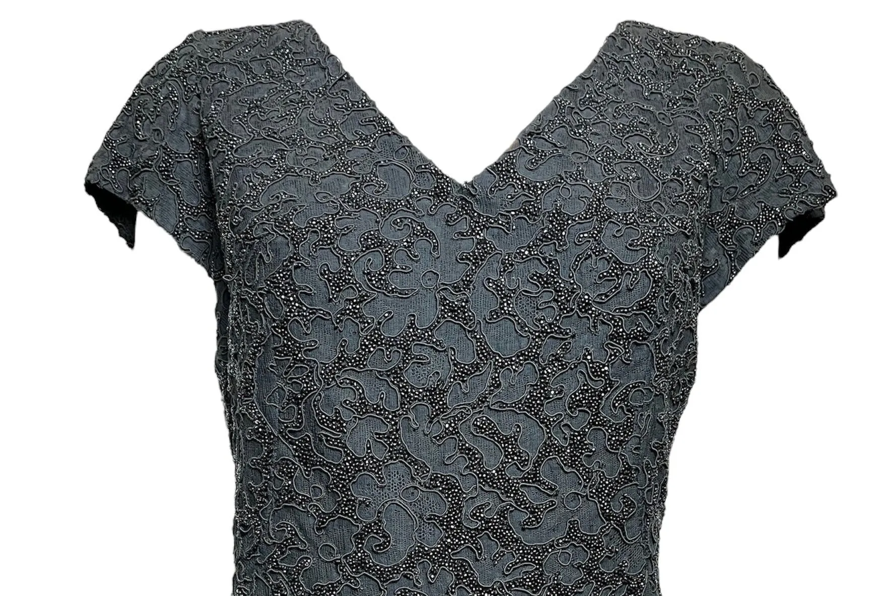 Mingolini Guggenheim Late 50s Early 60s Black Beaded Dress on Lace