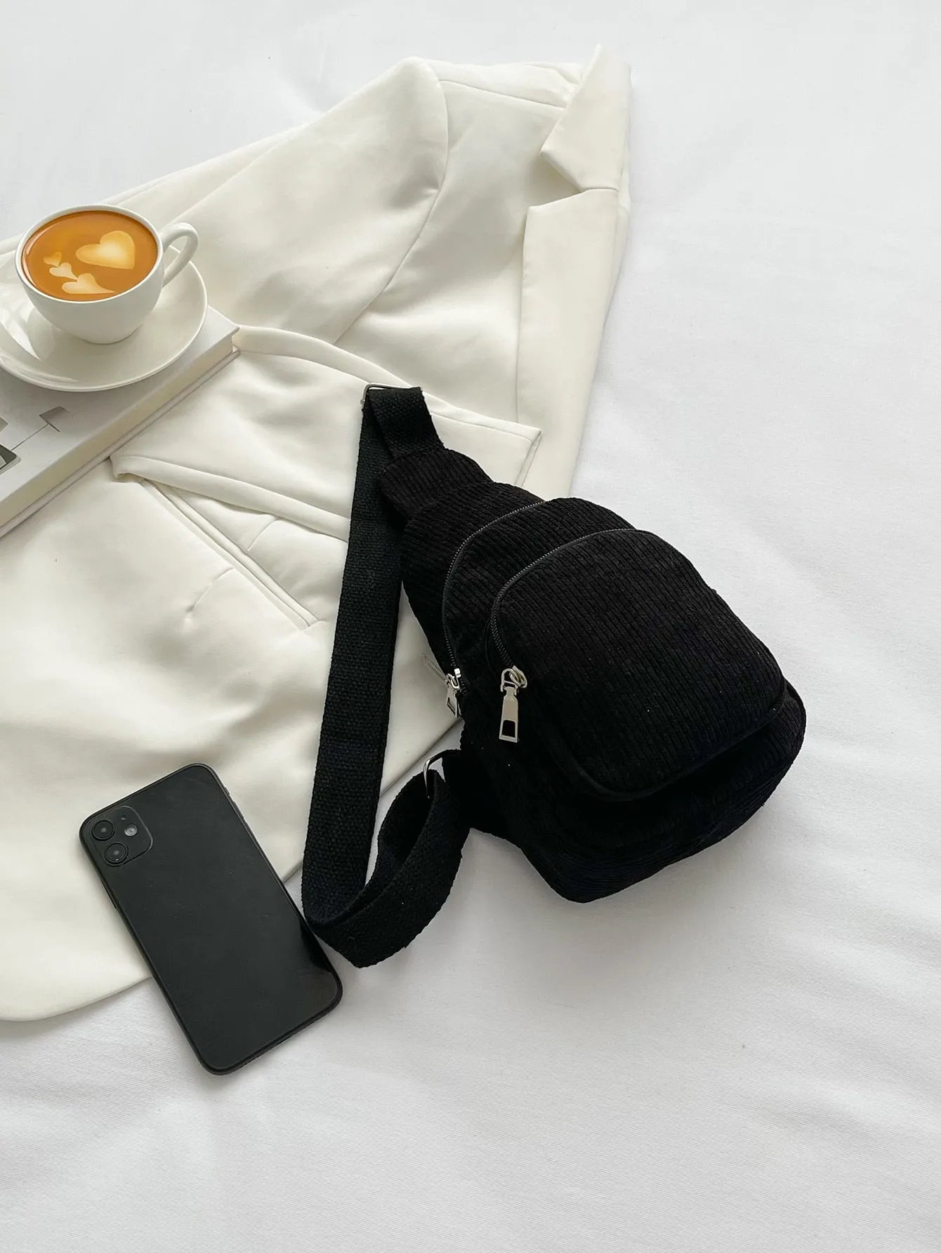 Mini Minimalist Corduroy Sling Bag - Black
