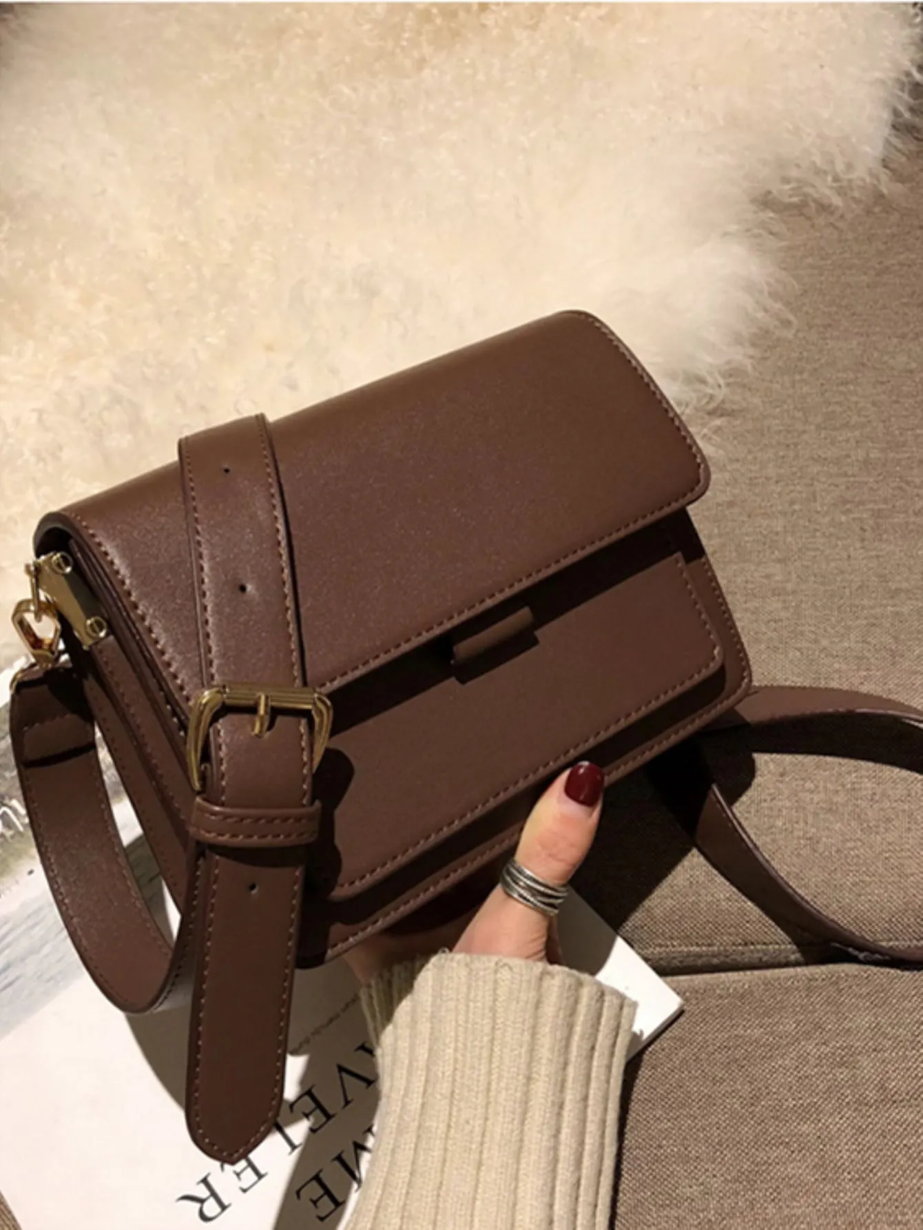 Mini Minimalist Flap Square Bag - Coffee Brown
