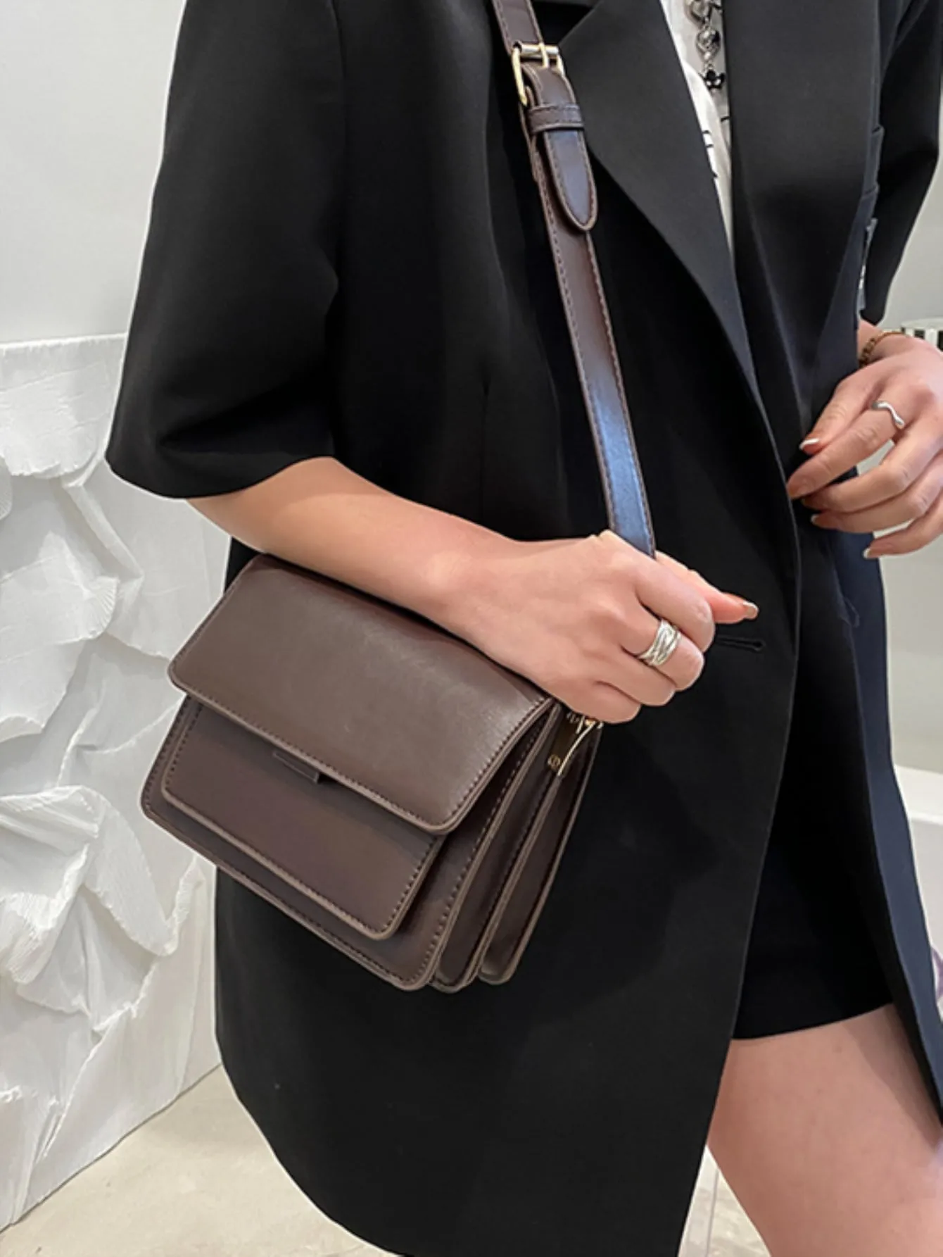 Mini Minimalist Flap Square Bag - Coffee Brown