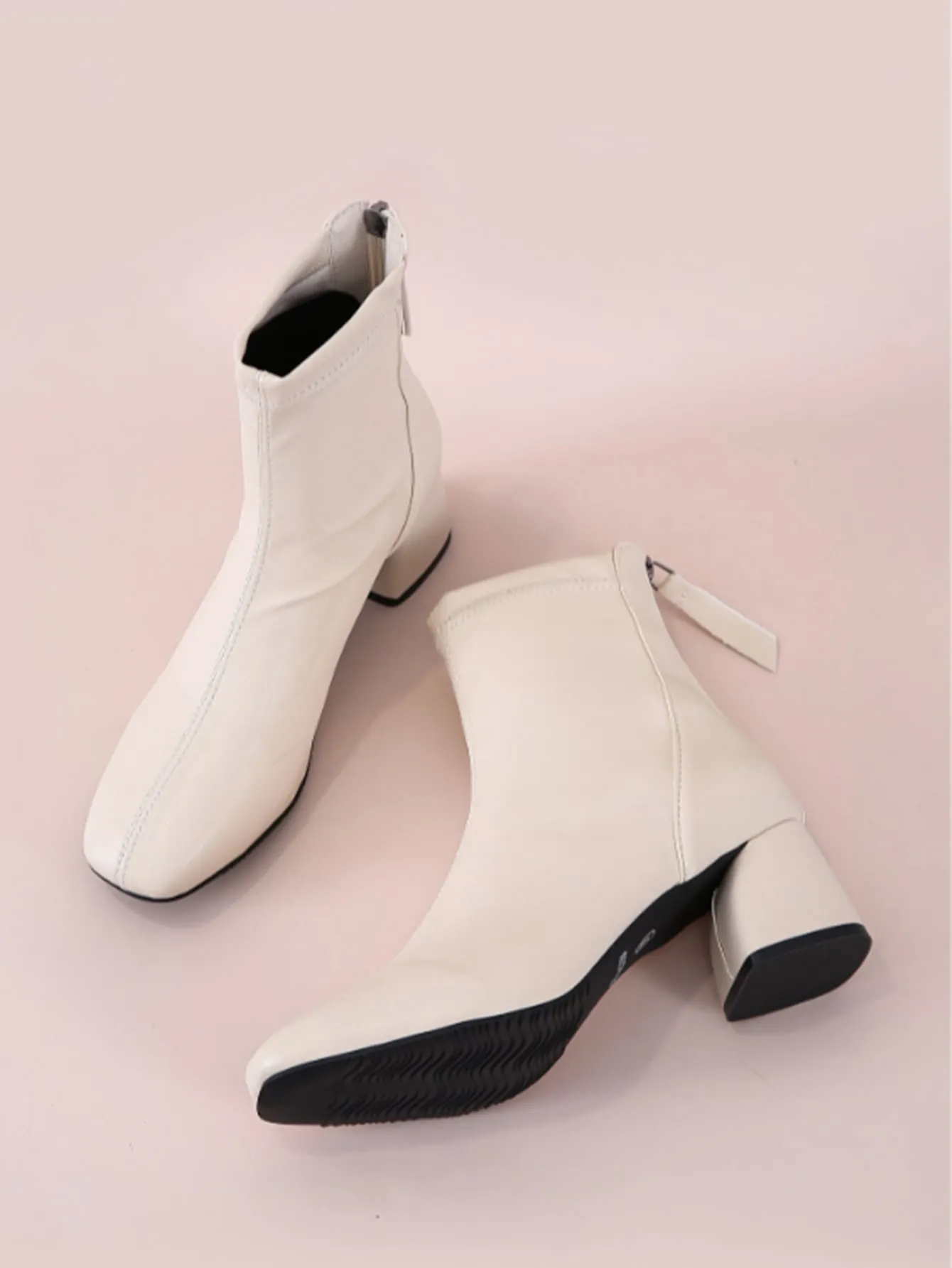 Minimalist Back Zipper Chunky Heeled Classic Boots - Beige