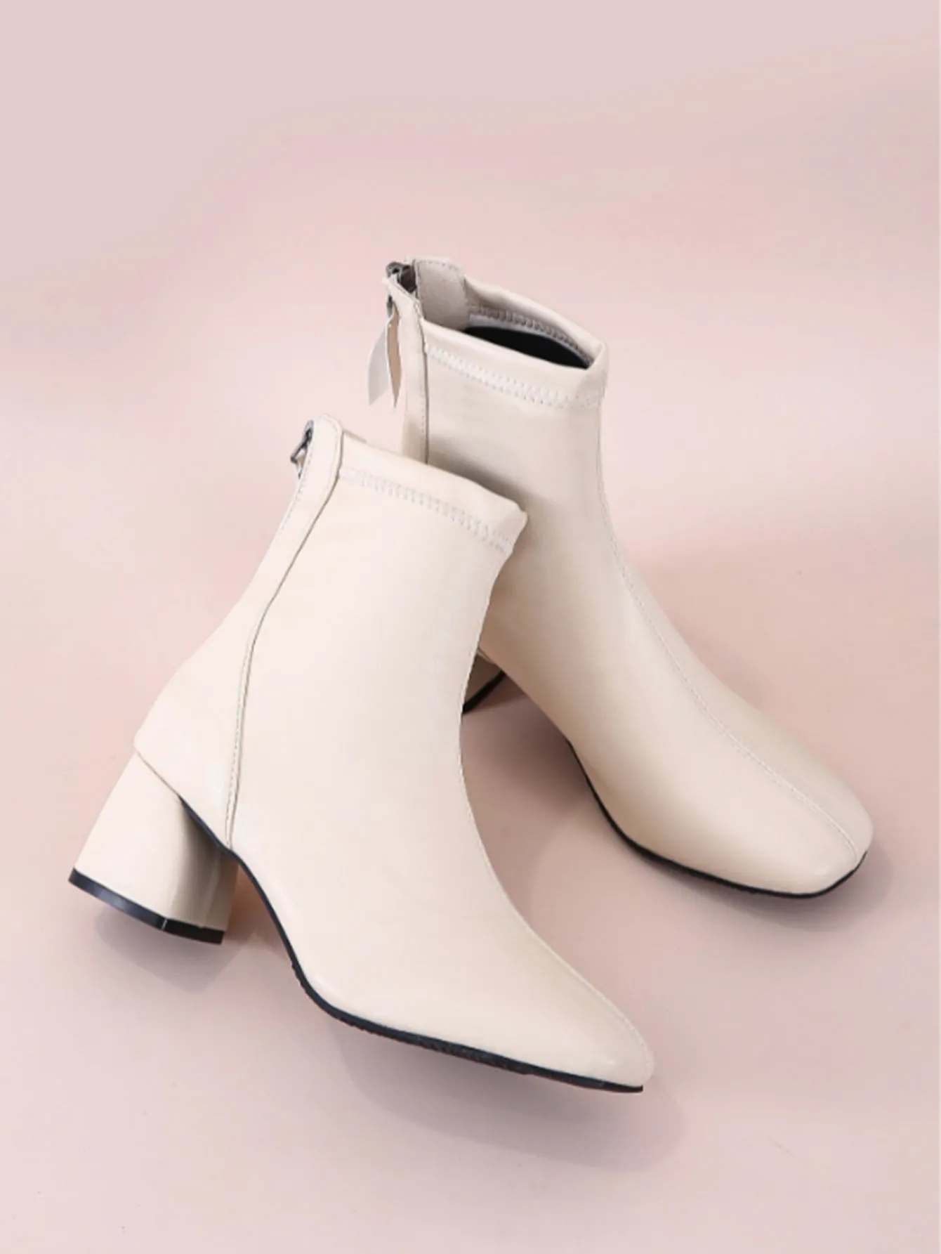 Minimalist Back Zipper Chunky Heeled Classic Boots - Beige