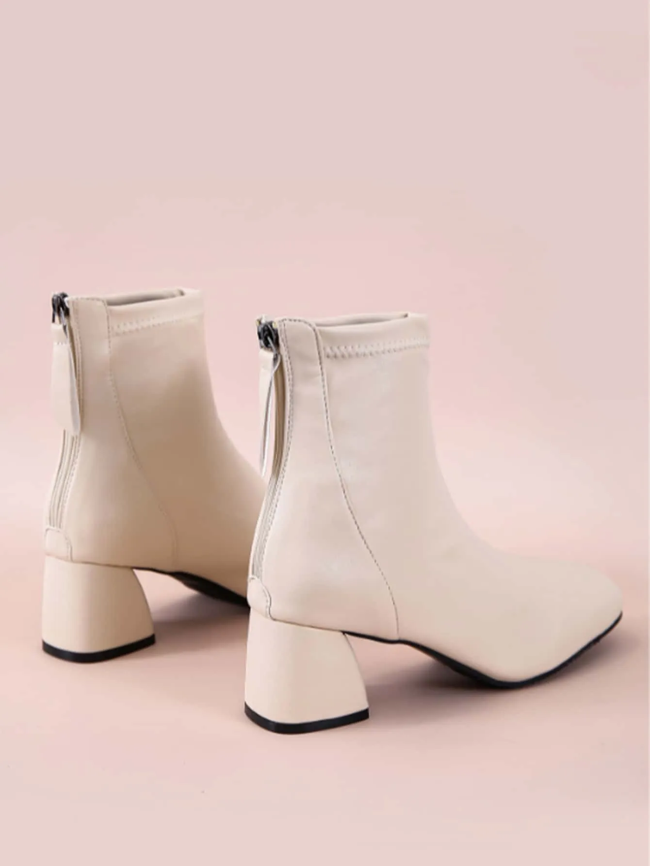 Minimalist Back Zipper Chunky Heeled Classic Boots - Beige