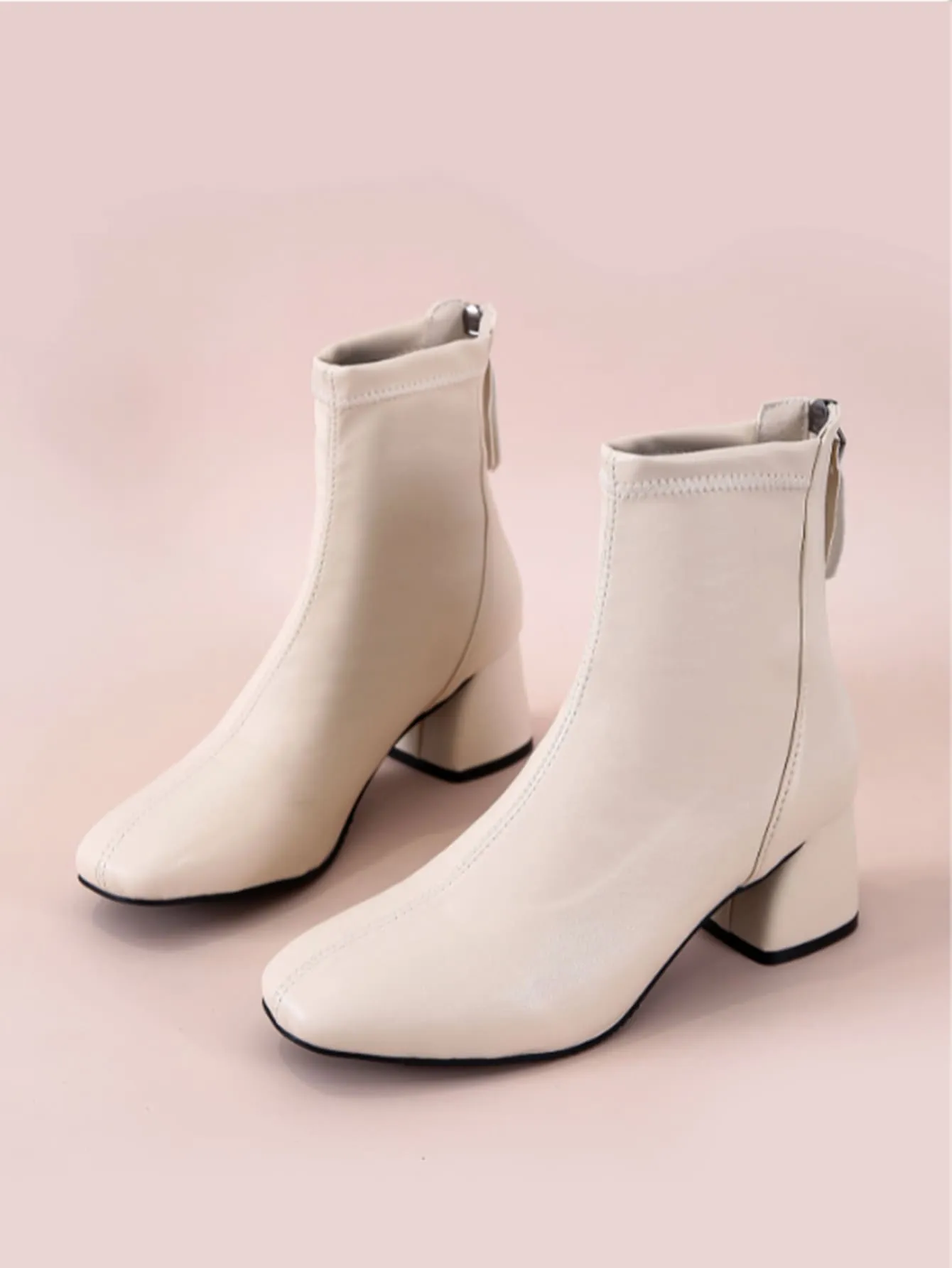 Minimalist Back Zipper Chunky Heeled Classic Boots - Beige