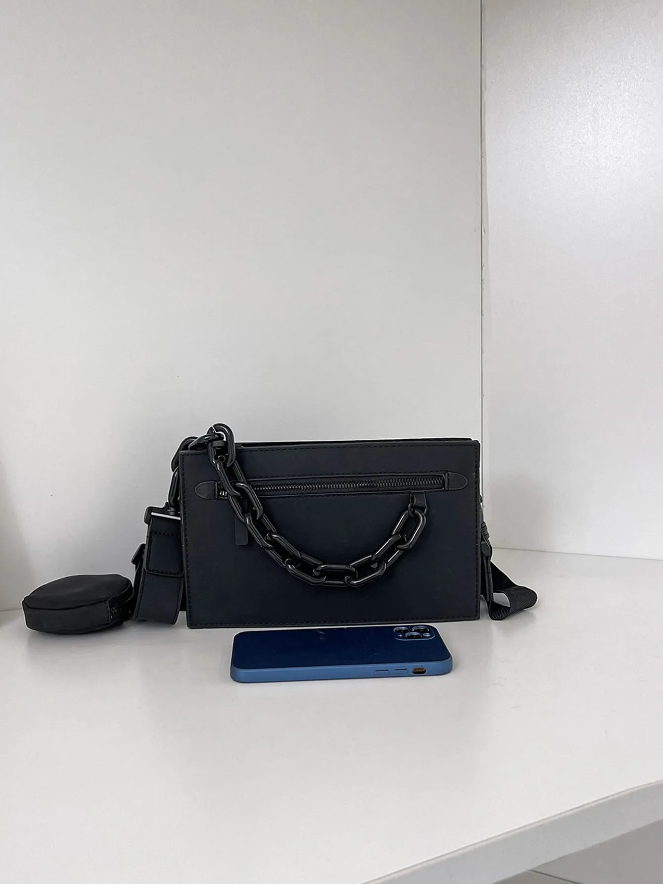 Minimalist Chain Decor Square Bag With Coin Purse - Black