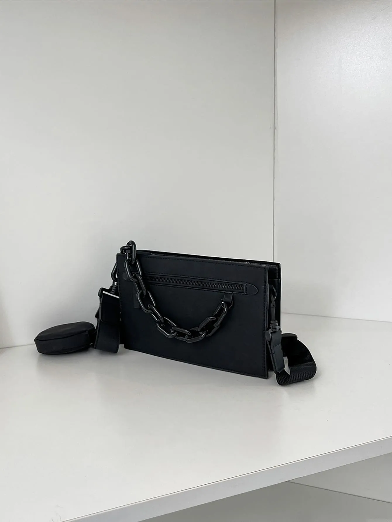 Minimalist Chain Decor Square Bag With Coin Purse - Black