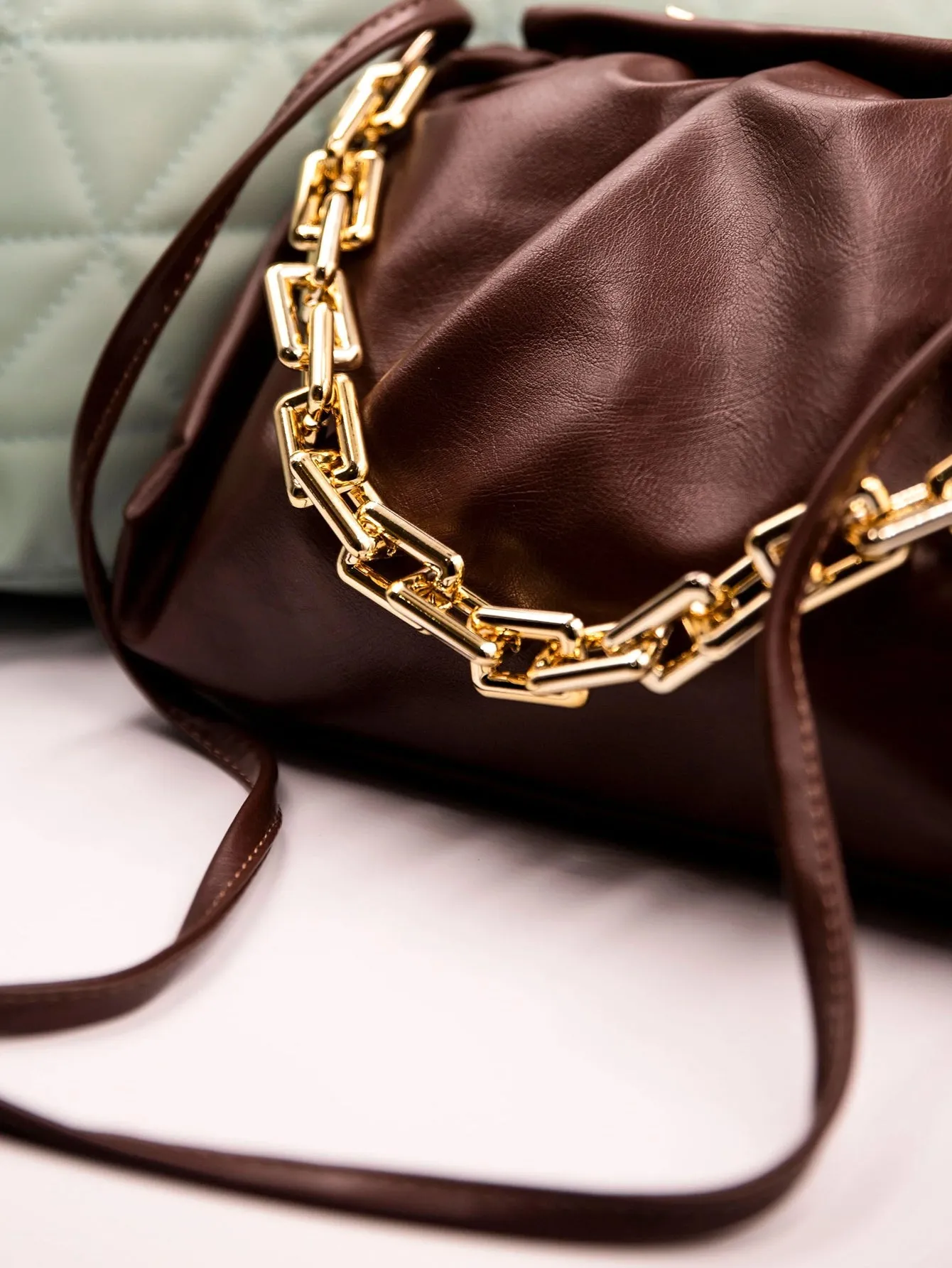 Minimalist Ruched Chain Decor Bag - Chocolate Brown  - FD ⚡