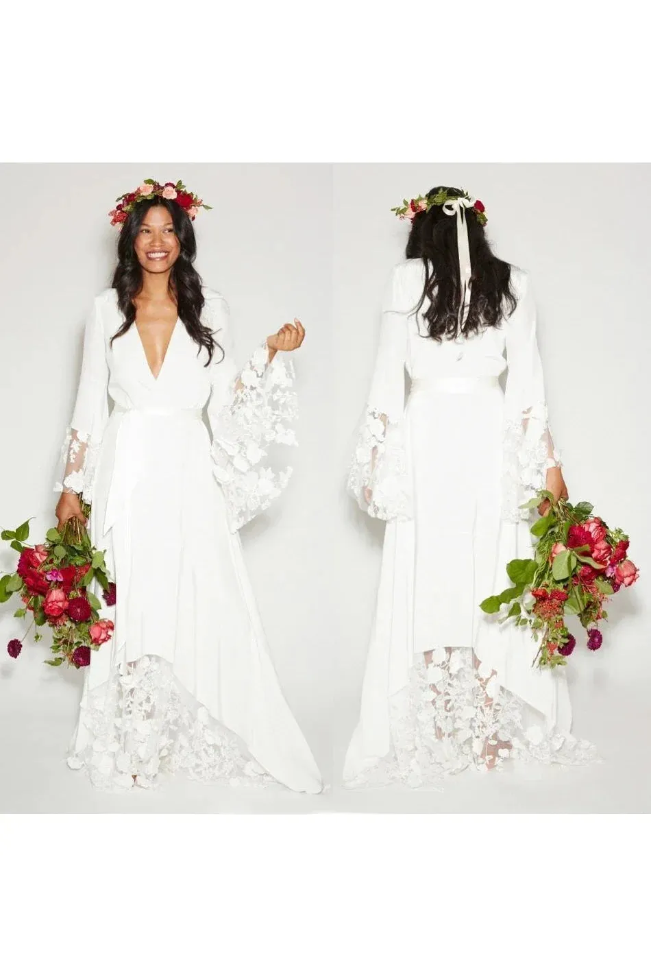 Modest Hippie Bohemian Long Sleeve V-Neck Lace Wedding Dress